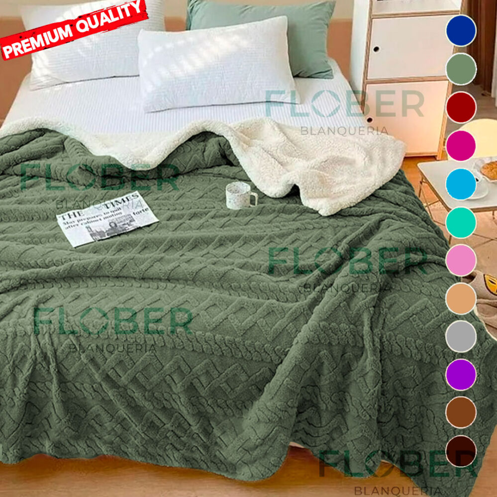2, 2 ½ y Queen Size - Frazada Manta Con Cordero Relieve Jacquad Premium Trenzada 2