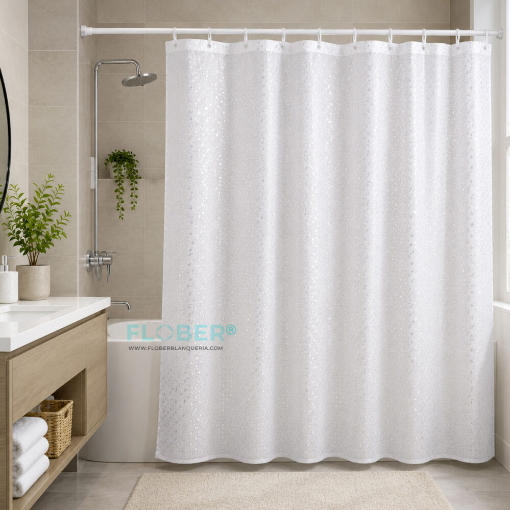 Medidas 180x180cm: Cortina de Baño AntiHongo de Raso con Ganchos 2